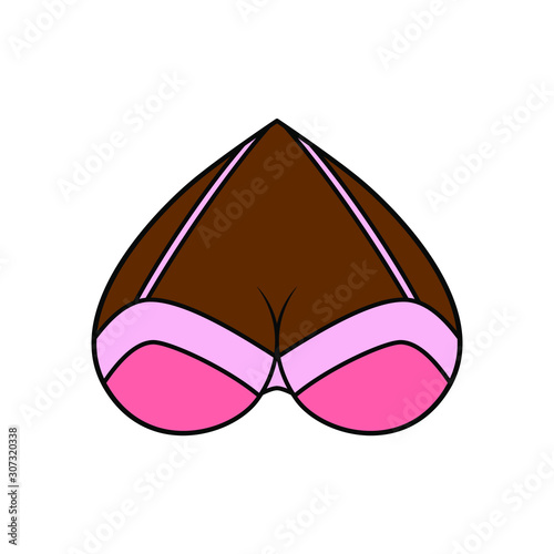 Women's breast in a heart shape with a bra on it. Creative illustration for underwear shop, logo for lingerie store and funny valentines card print. Colored and isolated on white background. Vector