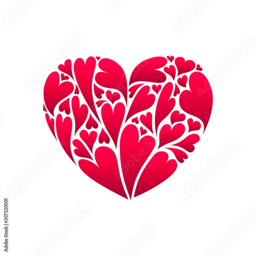 Heart illustration shape made of many smaller hearts inside, red hearts on white background. For valentines day and love symbol and icon. For printing on greeting card for lovers holiday. Vector