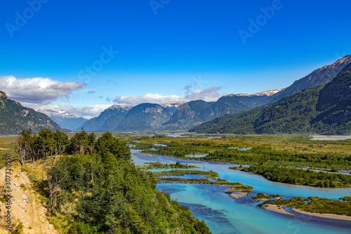 Landscape of river Murta valley with beautiful mountains view, Patagonia, Chile, South America © Iuliia Sokolovska
