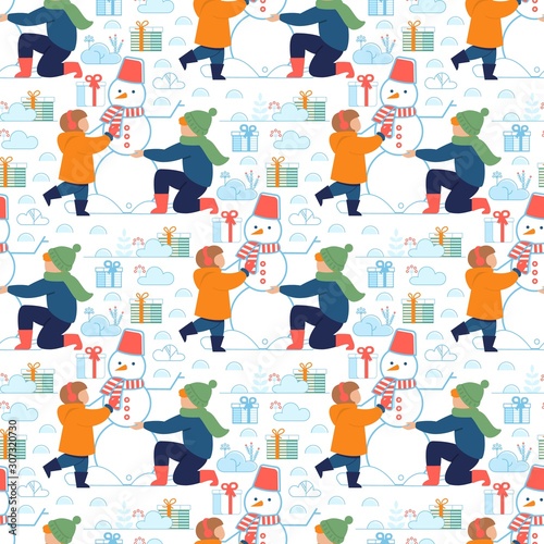 Happy Kids Make Snowman on Winter Seamless Pattern