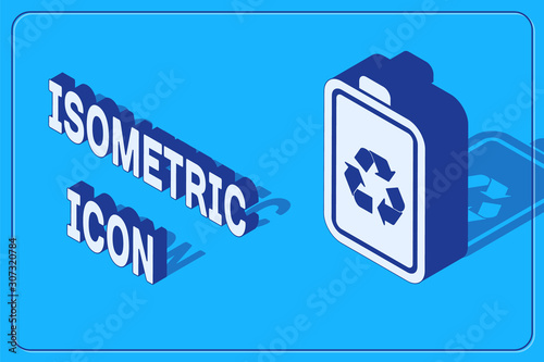 Isometric Battery with recycle symbol line icon isolated on blue background. Battery with recycling symbol - renewable energy concept. Vector Illustration