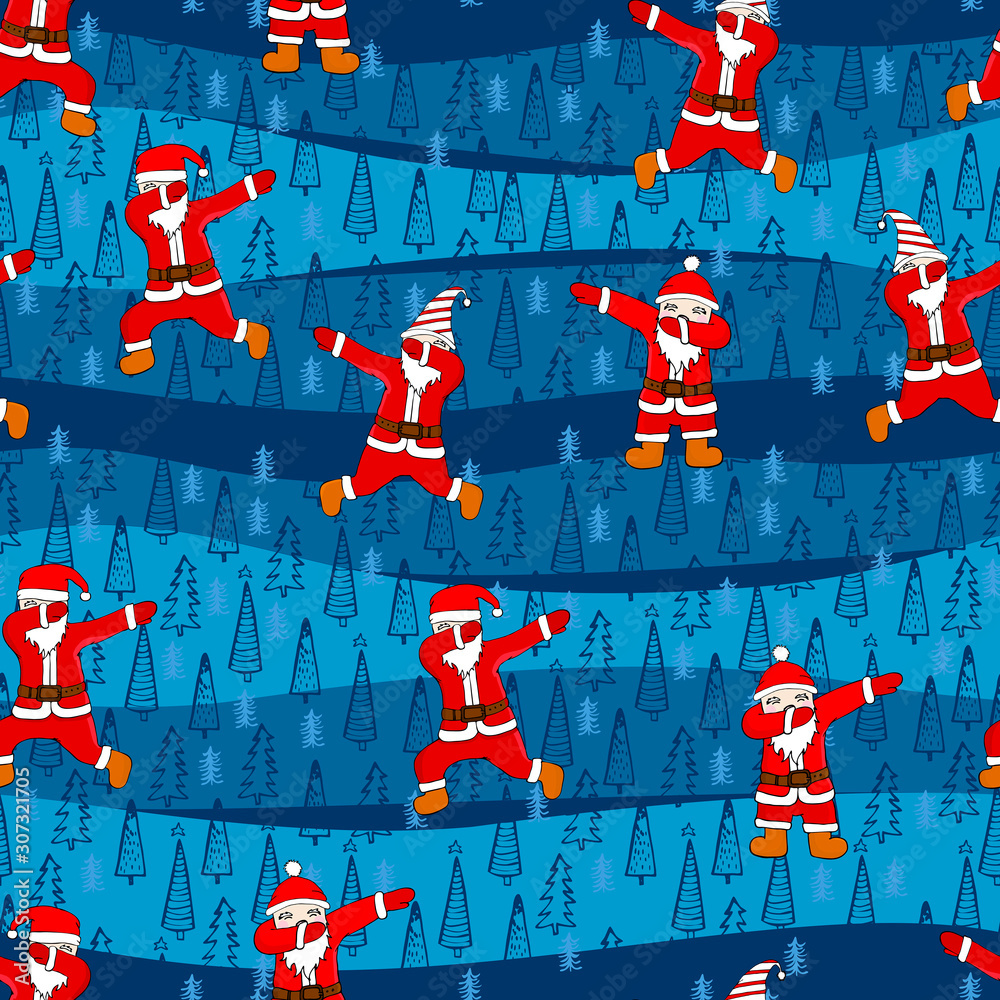 Cartoon seamless pattern Santa Claus dancing. Funny disco dancer old man. Christmas concept. Vector hand drawn background for design and decoration textile, covers, package, wrapping paper.