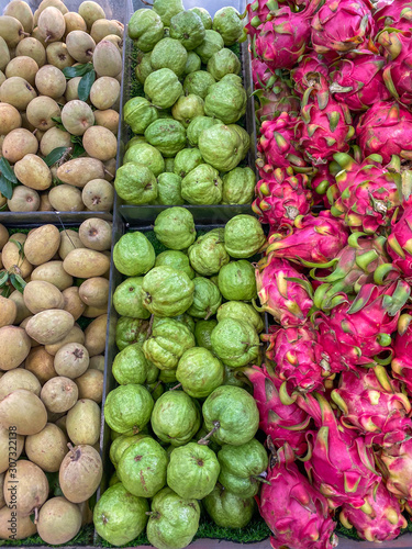 Mammee apple, guava and red dragon fruit in hypermarket
