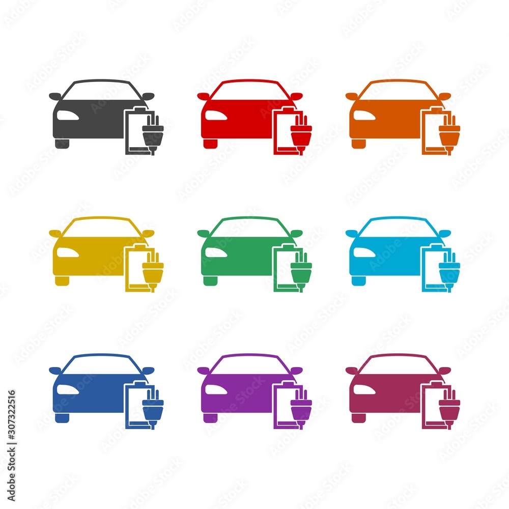Electric car and battery color icon set isolated on white background