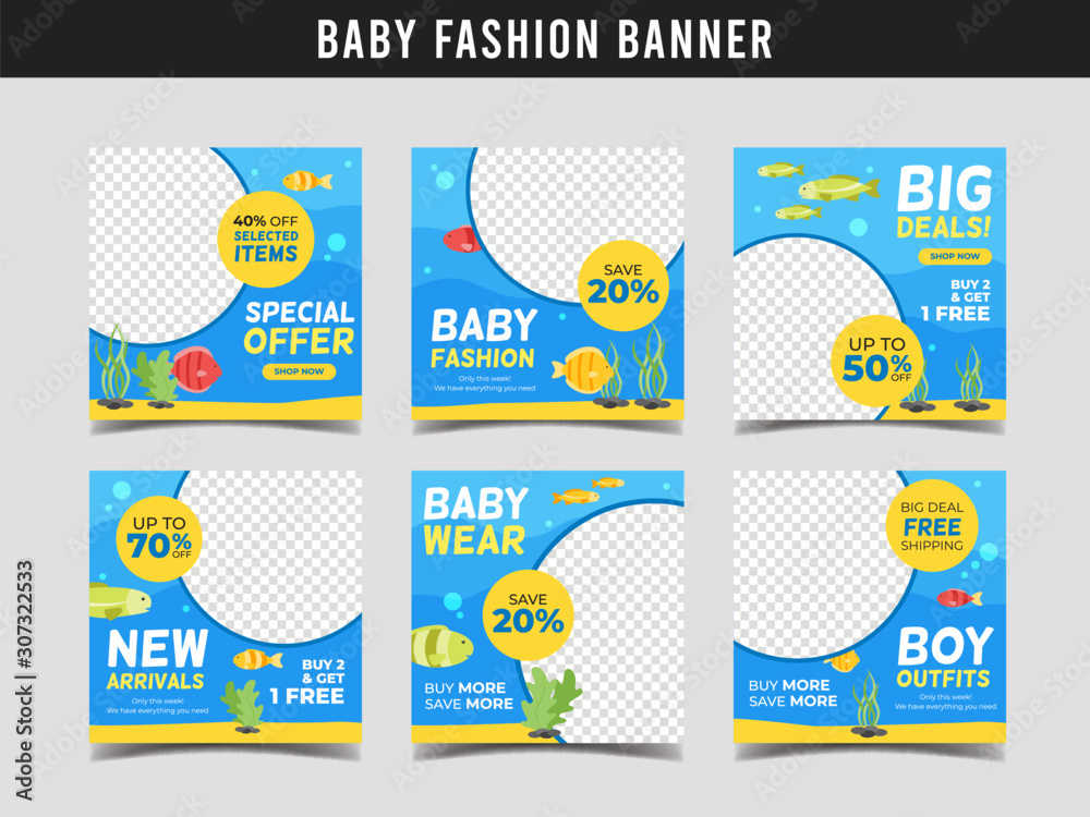 Baby fashion sale square banner template with sea animal illustration. Promotional banner for social media post, web banner and flyer Baby fashion sale square banner template with sea animal illustration. Promotional banner for social media post, web banner and flyer