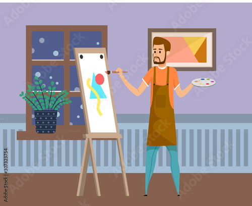 Man painter drawing indoor, male holding paint brush and palette, sketching on canvas. Artist in apron painting at home, dark view from window vector