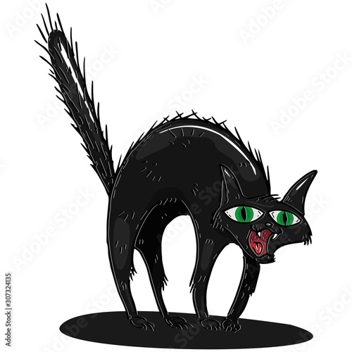 Cat icon. Vector illustration of a scared black cat. Hand drawn cartoon shaggy furry cat.