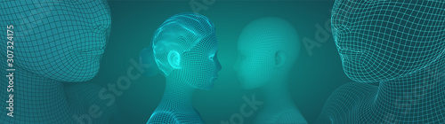 3d vector portrait of a beautiful young girl with hairstyle, set of angles on a green background