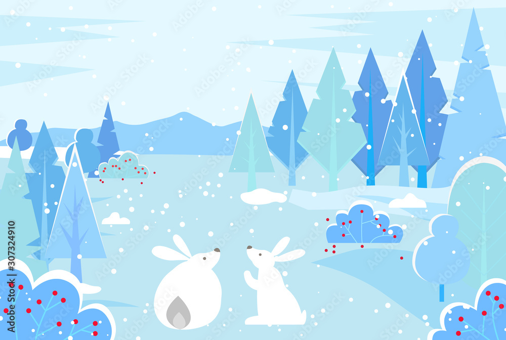 Bunnies sitting at snowy ground of winter forest. Hares at woods with spruce pine trees and bushes with red berries. Fluffy animals surrounded by nature. Rabbit looking at mountains, vector in flat