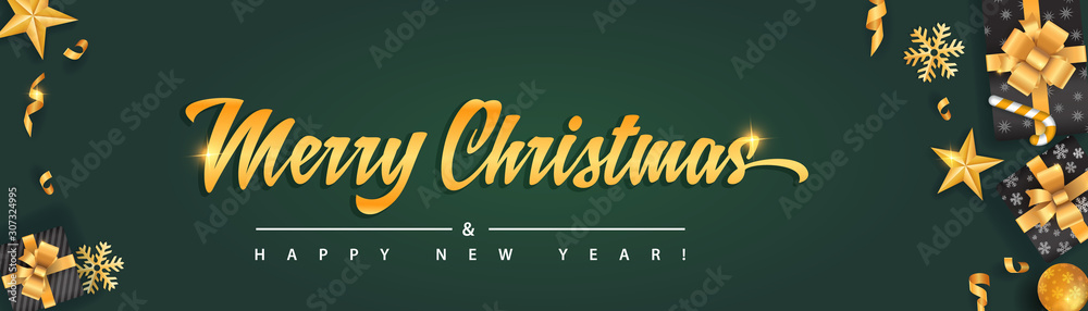Merry Christmas and Happy New Year green background banner template with gold glitter elements and calligraphy Merry Christmas and Happy New Year green background banner template with gold glitter elements and calligraphy