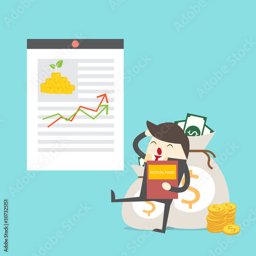 Businessman stand with money coin and graph,mutual fund concept