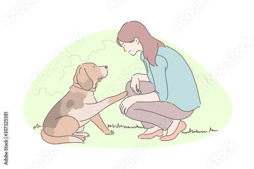 Dog training, animal adoption, charity activity concept. Smiling owner teaching pet commands, cute little puppy gives paw, young woman and adorable cub playing together outdoors. Simple flat vector