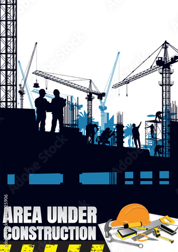 Construction vector background, Worker in a building site at sunset.