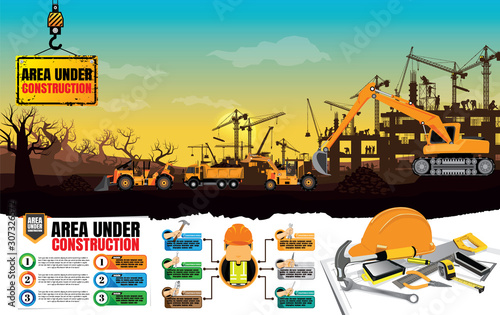 Construction vector background, Worker in a building site at sunset.