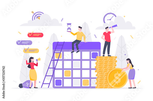 Tiny people characters working together with calendar schedule and fill out task on week schedule. Teamwork and time management concept flat style design vector illustration isolated white background.