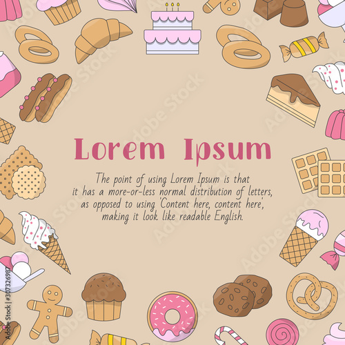 Candy card with text and vector color illustrations of sweet food for graphic design