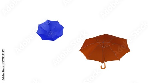 Freeflying Umbrellas. Seven varicoloured umbrellas randomly flying in the air on transparent background. 3D rendered motion graphics. Used PNG + Alpha codec for footage compressing.