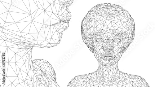 3d vector portrait of a beautiful young girl with hairstyle, set of angles on a white background