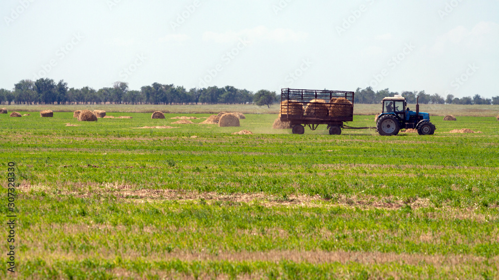 Tractor loading hay bales on truck agricultural works Tractor loading hay bales on truck agricultural works