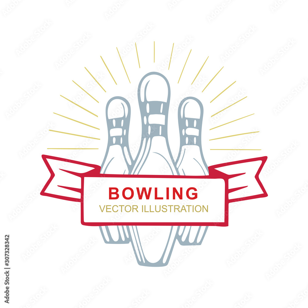 Bowling. Bowling pins with banner and shining rays hand drawn vector illustrations set. Bowling pin sketch drawing. Part of set. Bowling. Bowling pins with banner and shining rays hand drawn vector illustrations set. Bowling pin sketch drawing. Part of set.