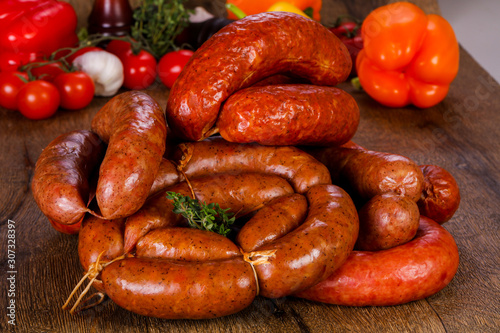 Pork sausages over wooden