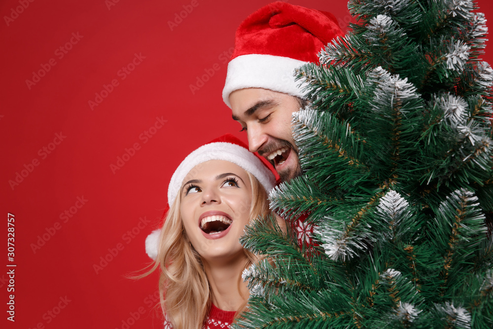 Funny young couple guy girl in knitted sweaters Santa hat posing isolated on bright red wall background. Happy New Year 2020 celebration holiday party concept. Mock up copy space. Hold Christmas tree.