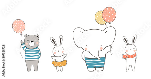 Photo Draw cute animal with balloon on white.