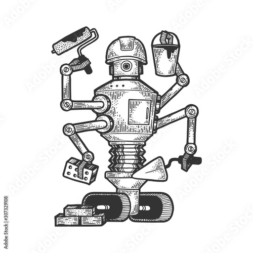 Robot builder sketch engraving vector illustration. T-shirt apparel print design. Scratch board style imitation. Black and white hand drawn image.