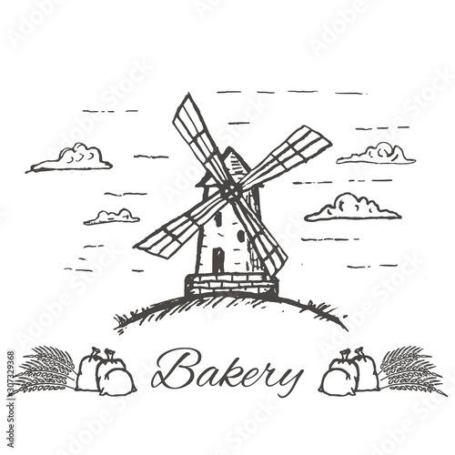 Vector hand drawn bakery logo, badge, emblem. Windmill, smock mill illustration. Vector