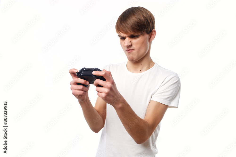 boy with joystick playing video game boy with joystick playing video game
