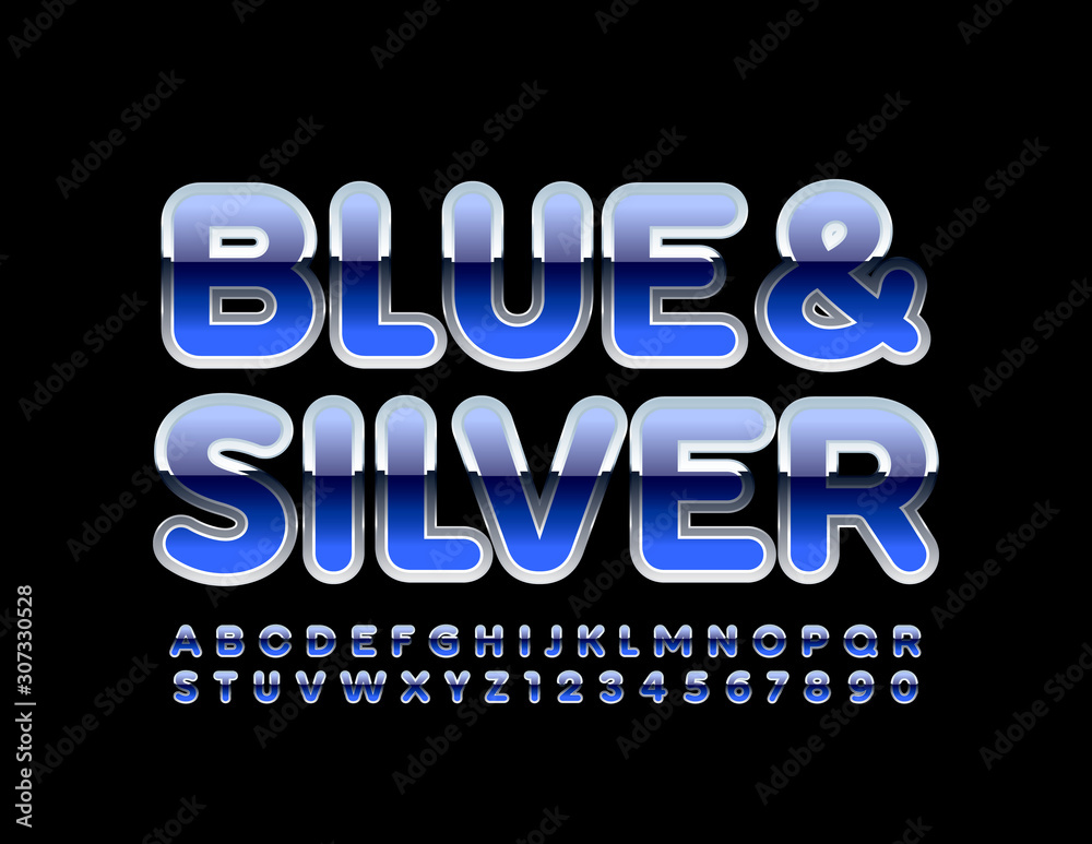 Vector Blue and Silver Font. Unique Glossy Alphabet Letters and Numbers.