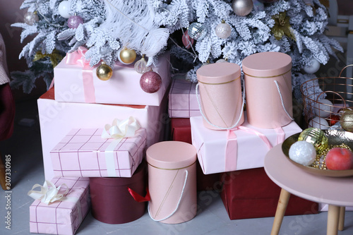 christmas presents in boxes with decoration close up photo photo