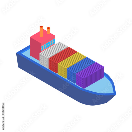 Isometric Cargo Ship with Container Flat Design. Delivery Service. Vector