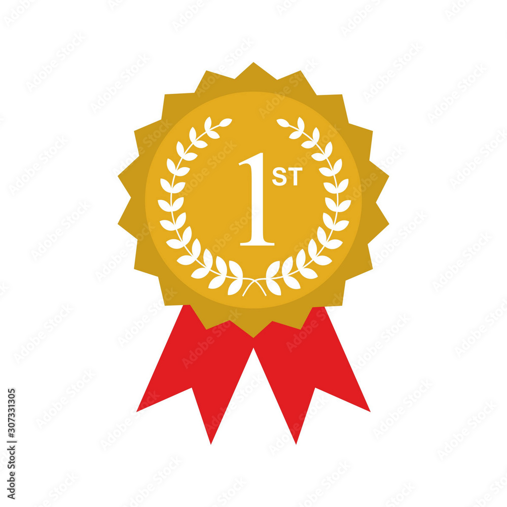 Award ribbon gold icon. Golden medal design isolated on white background. Symbol of winner celebration, best champion achievement, success trophy seal. Blank rosette element Vector illustration Award ribbon gold icon. Golden medal design isolated on white background. Symbol of winner celebration, best champion achievement, success trophy seal. Blank rosette element Vector illustration