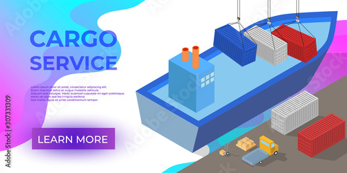 Isometric Cargo Ship with Container Flat Design. Delivery Service. Vector
