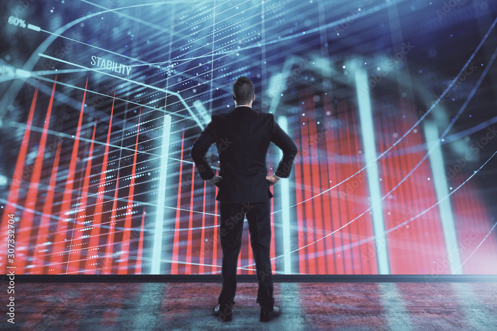 Businessman and forex graph hologram. Double exposure. Concept of financial education and analysis