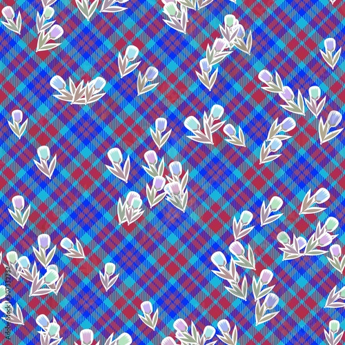 Red blue checkered seamless design with stylized tulip flowers
