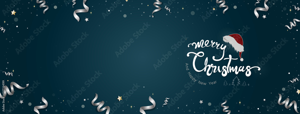 Fototapeta Merry Christmas and happy new year text on dark blue banner background