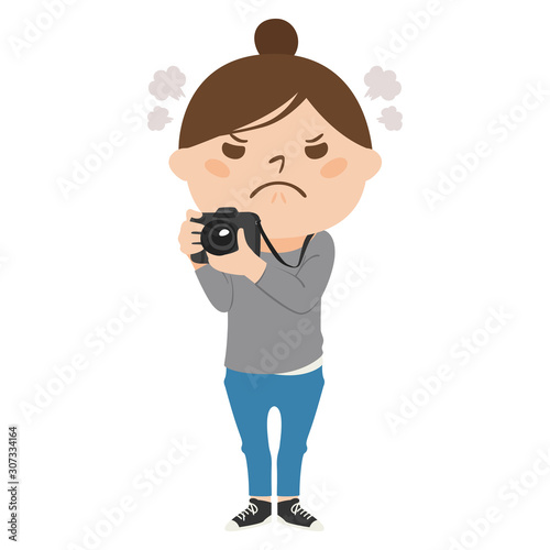 職業のイラスト。女性のカメラマン。怒っている女性。