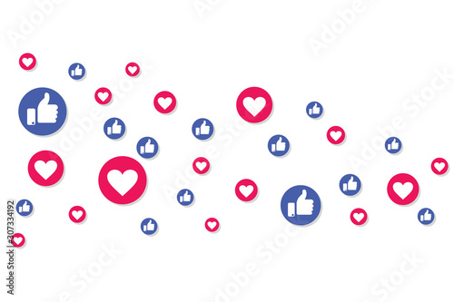 スマートフォンのハート 親指 いいね フォロワーのマーク SNS like, thumb up on smartphone SNS app