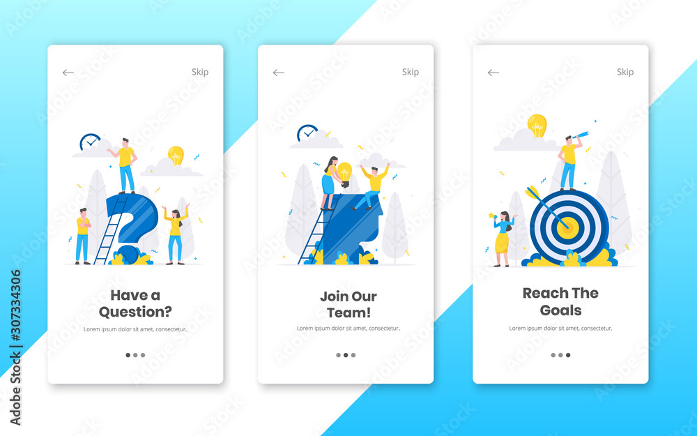 3 vertical business concept banners set with work time planning flat style design vector illustration. Tiny people working at the workplace with question mark, big head and target.