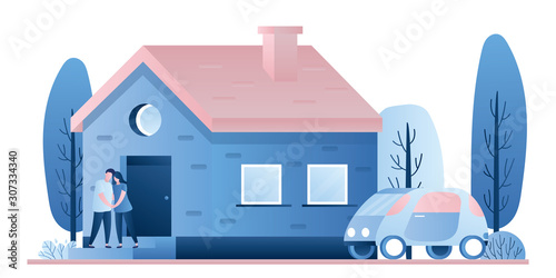 Cottage or single house,modern car and happy love couple standing on porch.
