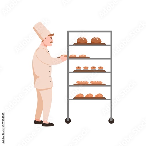 Smiling baker with bread flat vector illustration. Bread maker with bakery assortment isolated on white background. Bakehouse worker in hat cartoon character. Fresh buns and loaves.