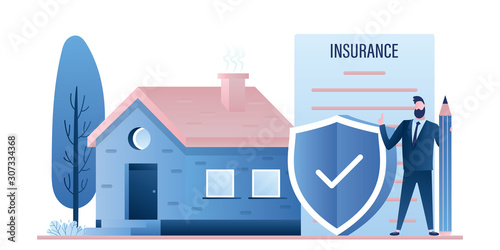 Cottage or single house and man with insurance paper contract and safe shield.