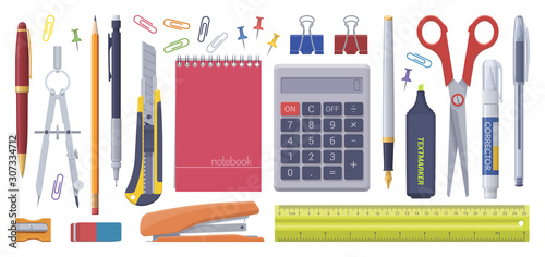 Stationery set. School business items. Vector flat isolated illustration
