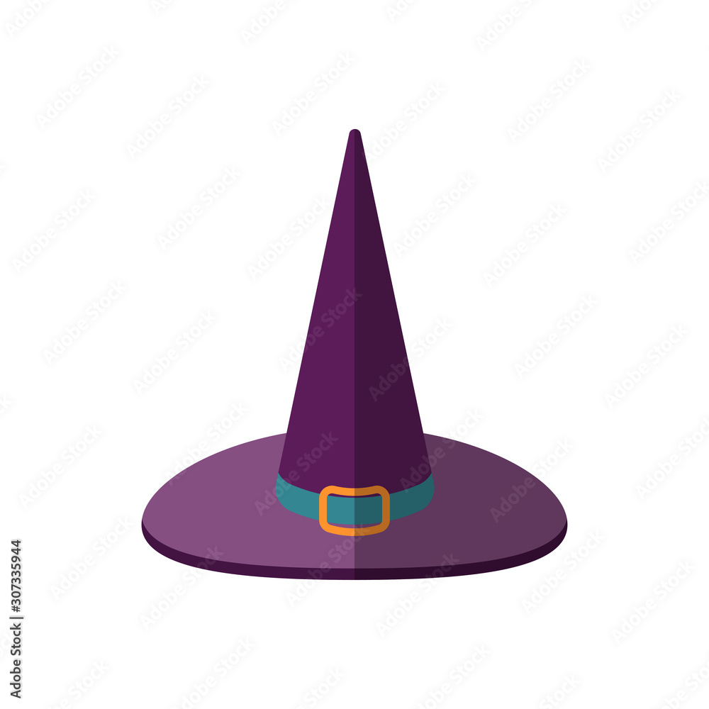 Vector illustration of a cartoon Halloween witch hat, flat style. Purple magic witch hat with sharp top icon. Flat Halloween witch hat with buckle isolated. Design element for Halloween. Vector illustration of a cartoon Halloween witch hat, flat style. Purple magic witch hat with sharp top icon. Flat Halloween witch hat with buckle isolated. Design element for Halloween.