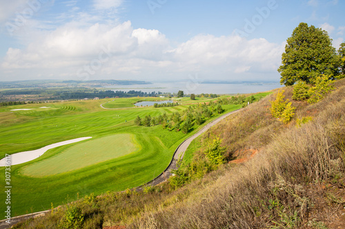 Russian open space. field, forest, sky, road. golf course top view