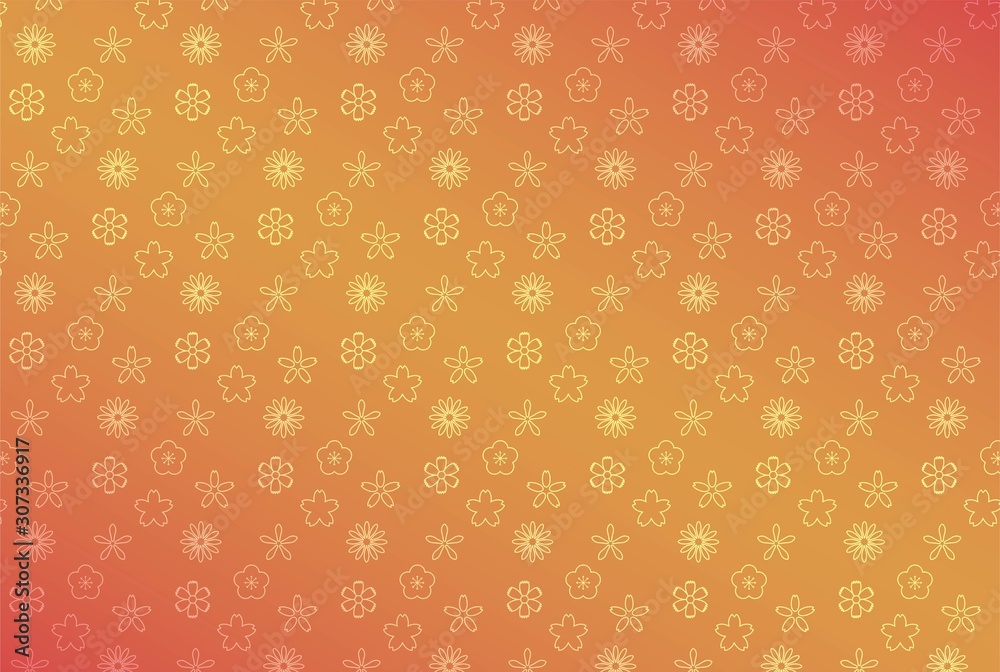 オレンジのグラデーションの背景とシンプルな花のシームレスパターン