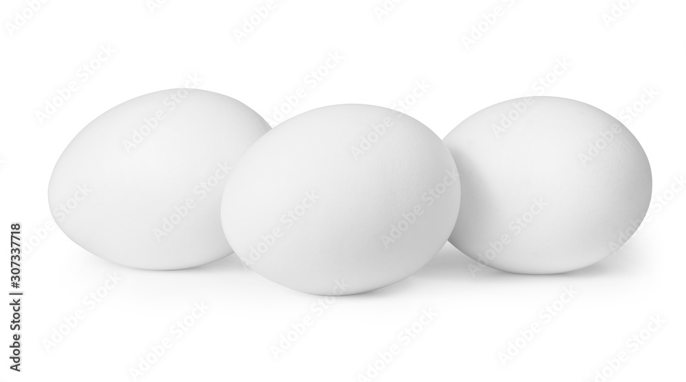 Three white eggs isolated on white background