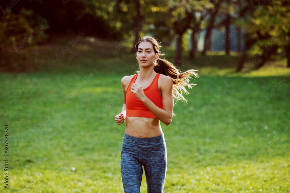 Attractive fit caucasian brunette in sportswear and with ponytail running on meadow. Sunny morning in nature.